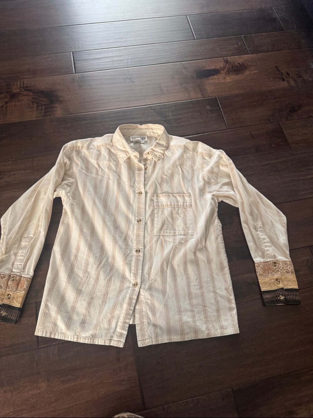Together! Vintage Cream Striped Button-Down Shirt with Decorative Cuffs